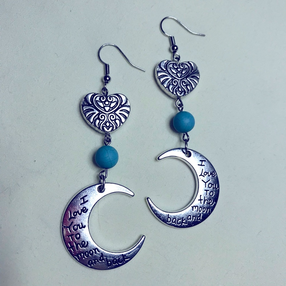 Love You to the Moon /Back Crescent Turquoise Howlite Silver Heart Drop Earrings